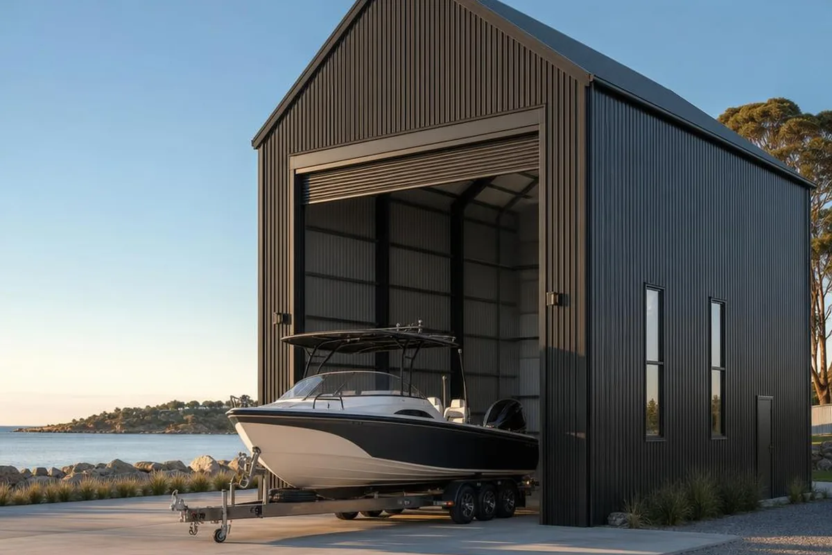 Tall boat shed kit with a high roller door