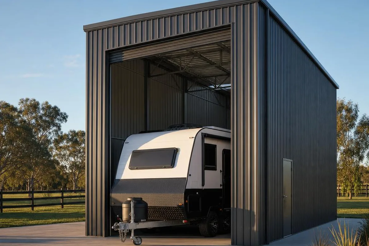 Tall caravan shed kit with a high roller door opening