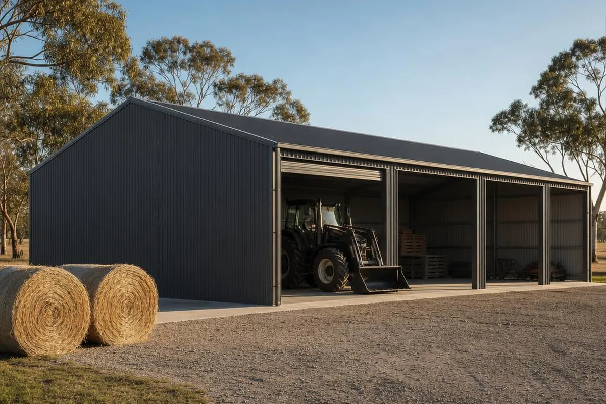 Farm shed kit with open bays on a rural property