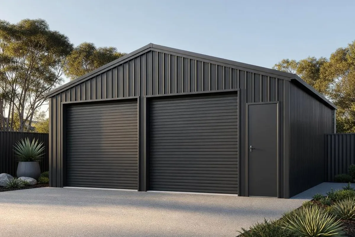 Garage shed kit with two roller doors and a personal access door