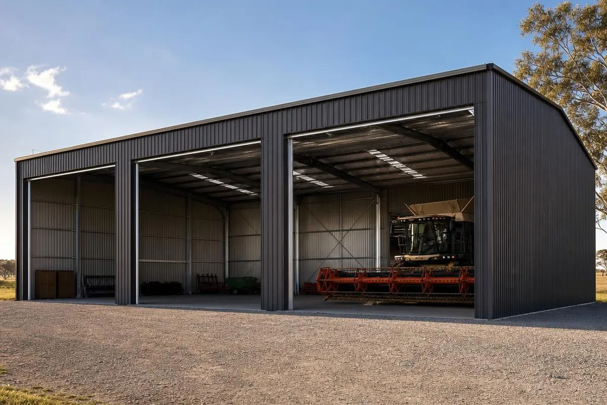 Wide machinery shed kit with high-clearance open bays