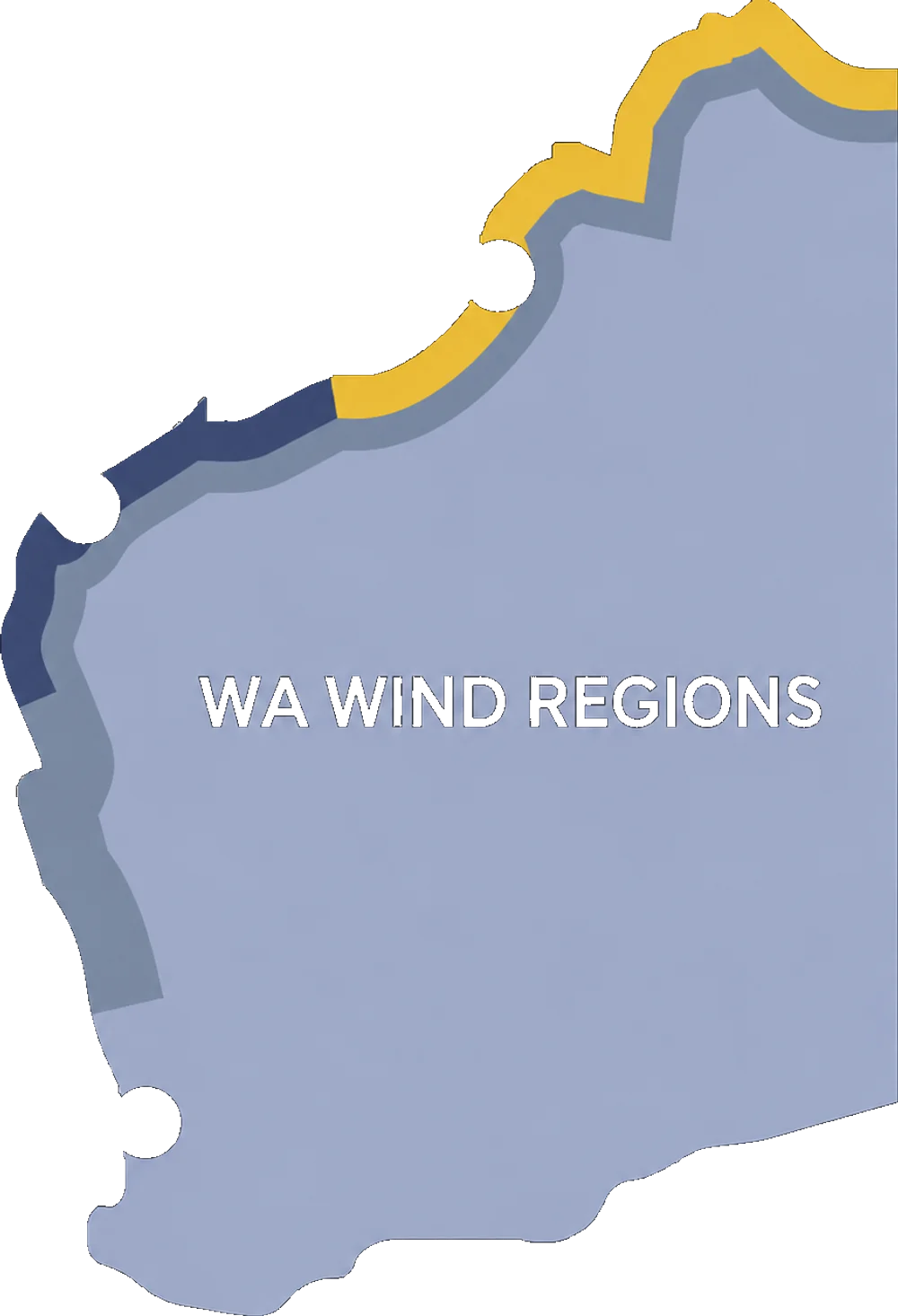 Map of Western Australia coloured by wind region — lower-wind Region A across the south-west inland, with progressively higher wind and cyclonic regions banded along the west and north-west coast