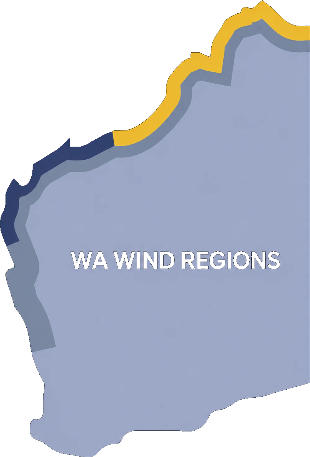 Map of Western Australia coloured by wind region — lower-wind Region A across the south-west inland, with progressively higher wind and cyclonic regions banded along the west and north-west coast
