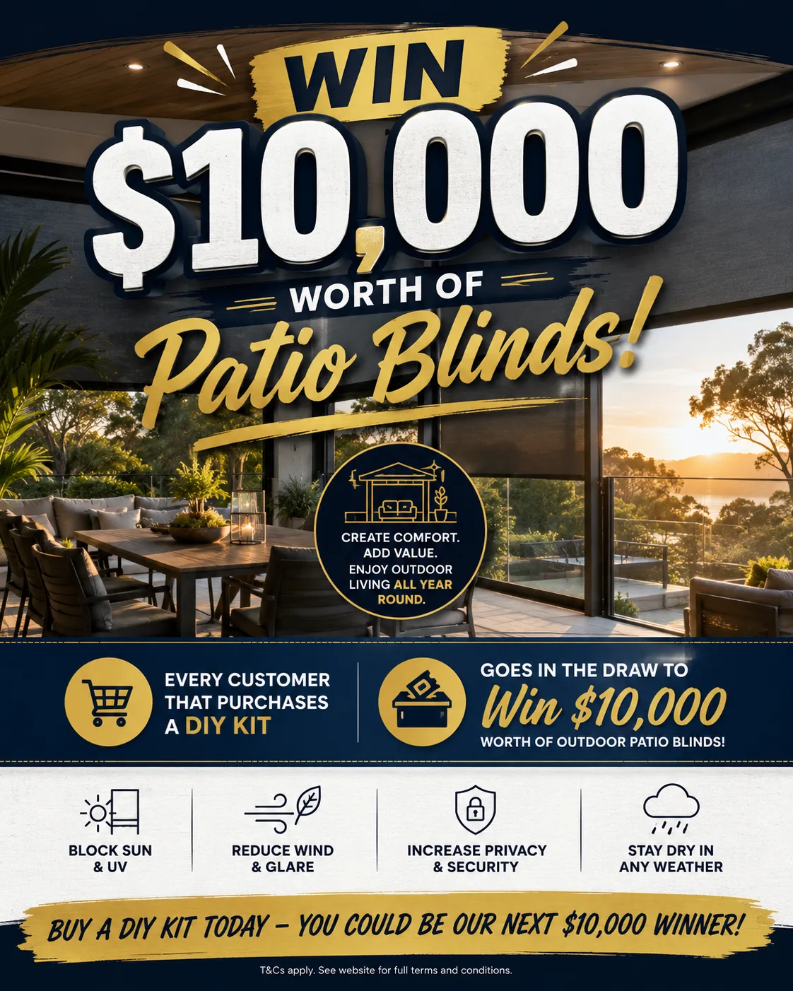 Win $10,000 worth of outdoor patio blinds when you purchase an eligible DIY patio kit from Patio & Shed Kits WA.