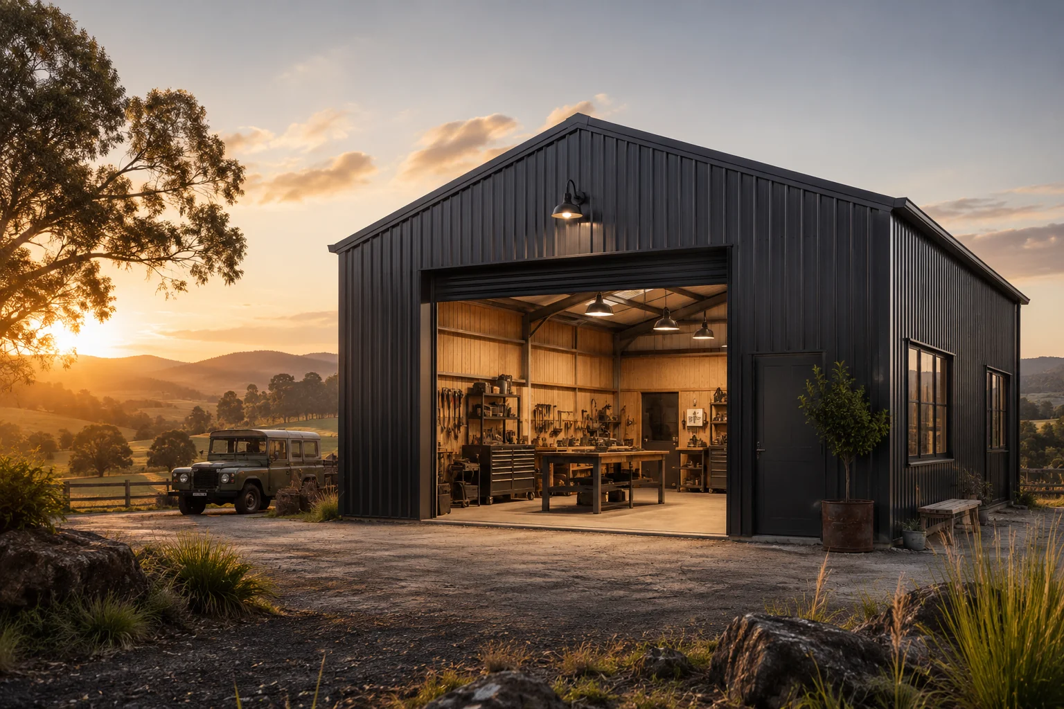 Black steel workshop shed with an open roller door, workbench and storage inside